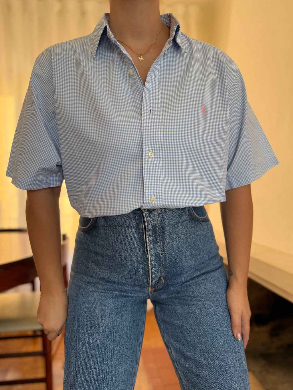 Camisa Ralph Lauren Manga Curta Vichy Azul Claro | Logo Rosa Oversized Preppy