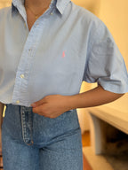 Camisa Ralph Lauren Manga Curta Vichy Azul Claro | Logo Rosa Oversized Preppy