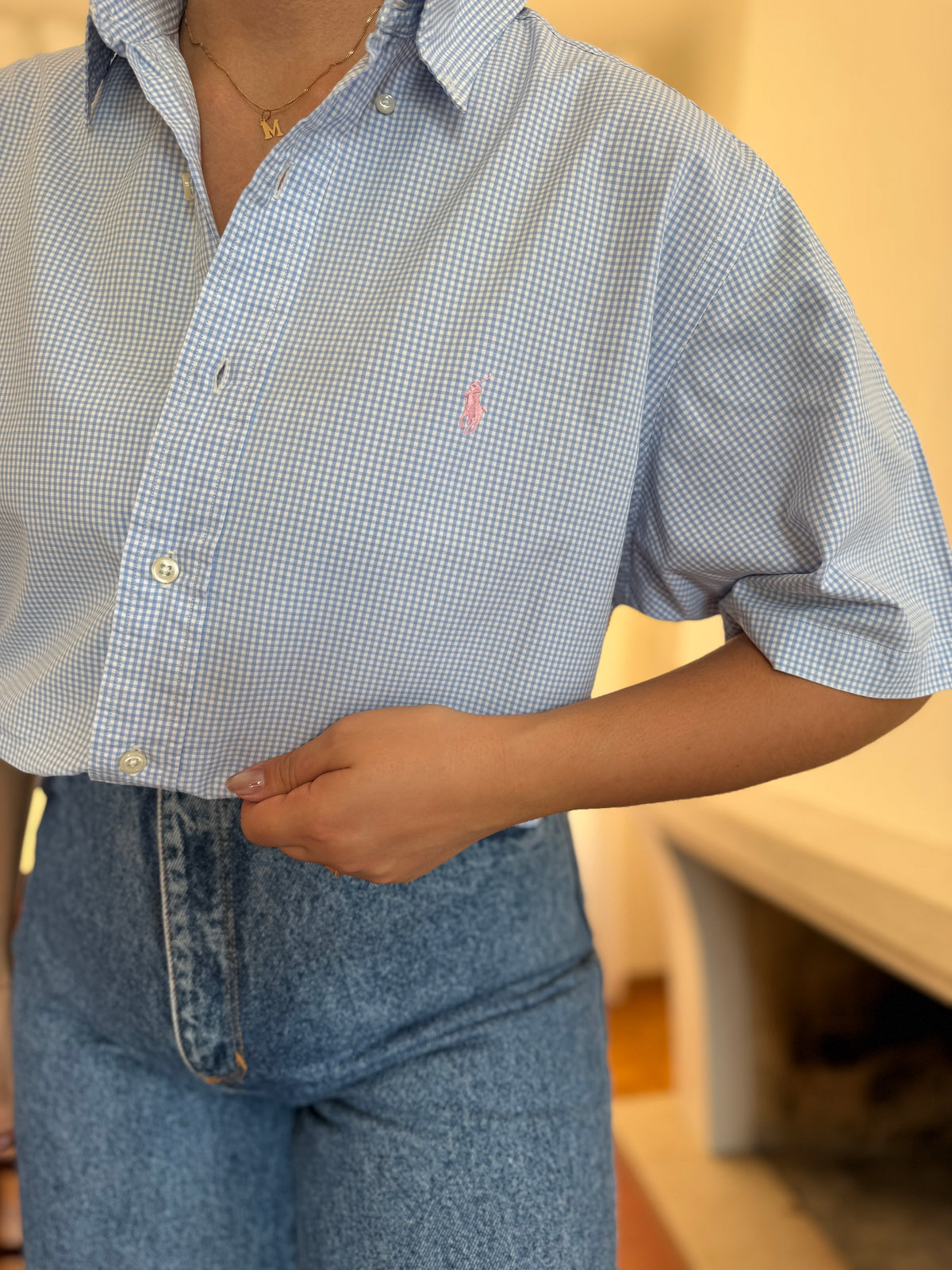 Camisa Ralph Lauren Manga Curta Vichy Azul Claro | Logo Rosa Oversized Preppy