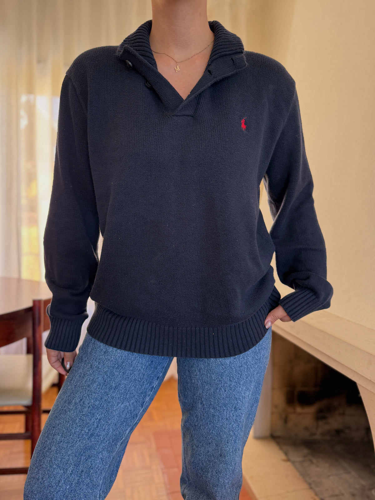 Camisola Polo Ralph Lauren Azul Marinho com Gola de Botões | Malha Vintage Preppy
