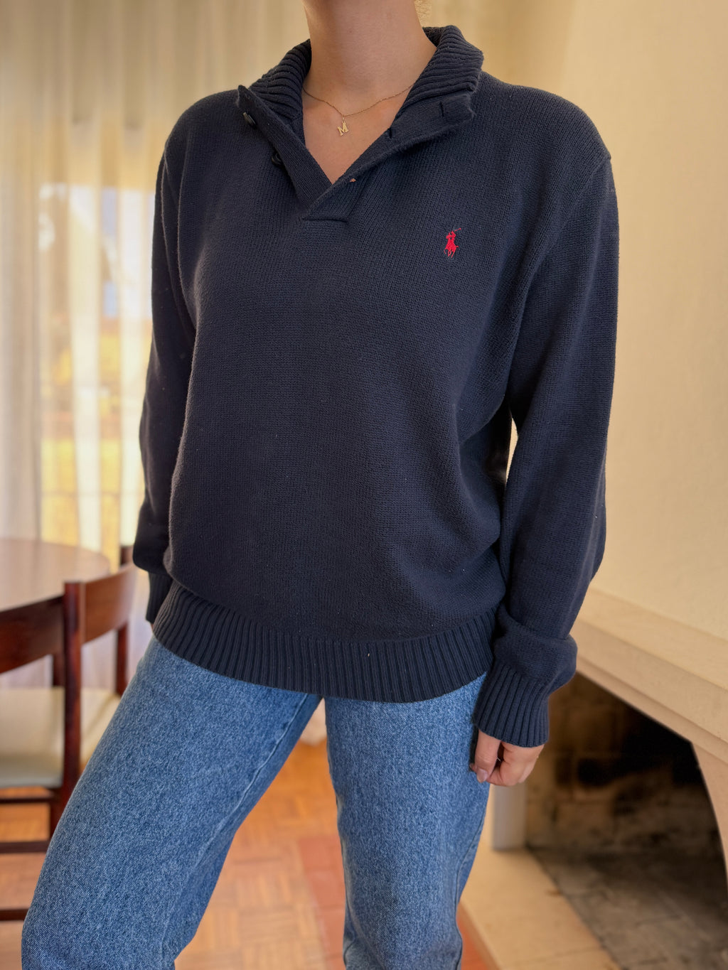 Camisola Polo Ralph Lauren Azul Marinho com Gola de Botões | Malha Vintage Preppy