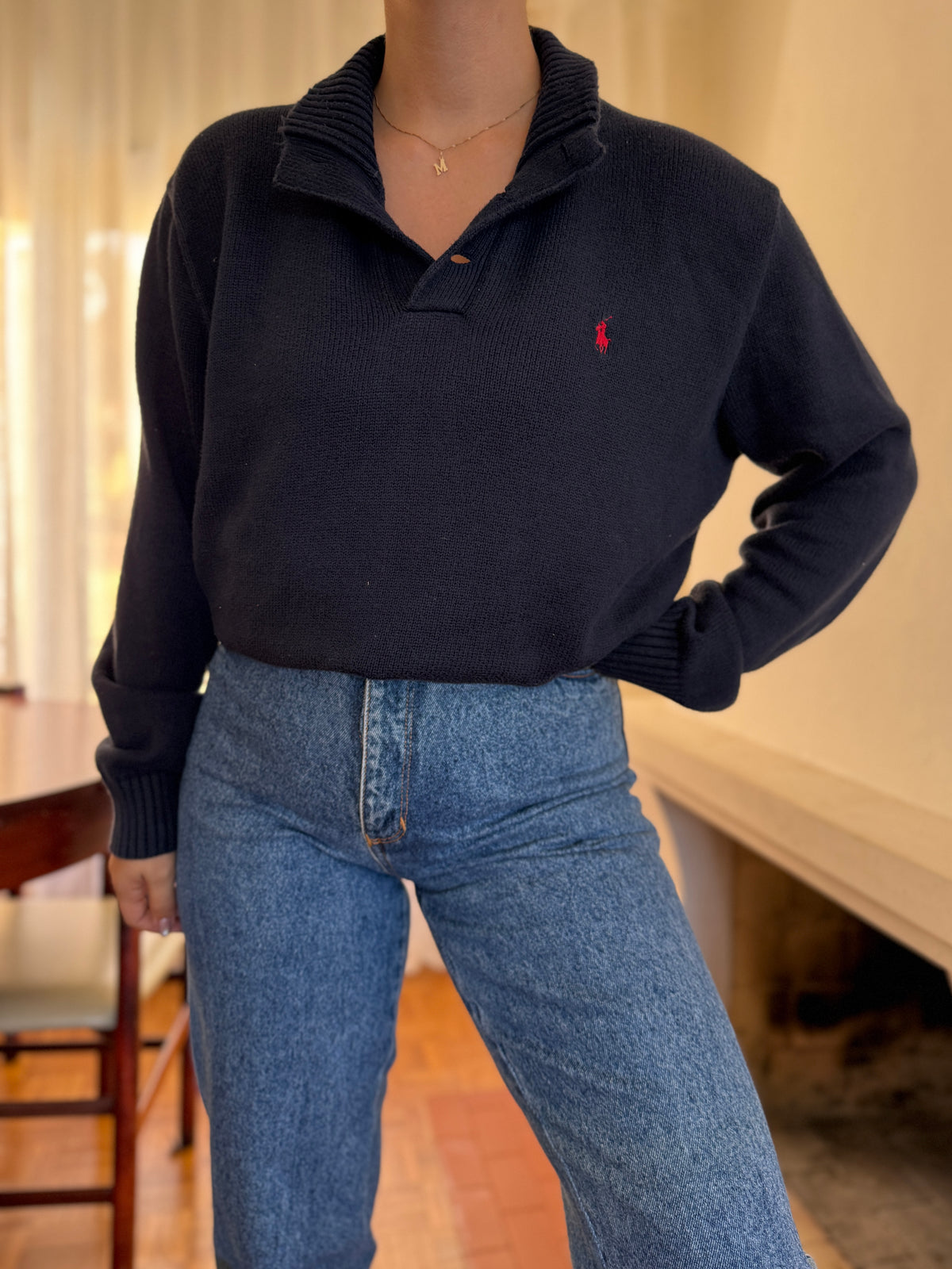 Camisola Polo Ralph Lauren Azul Marinho com Gola de Botões | Malha Vintage Preppy