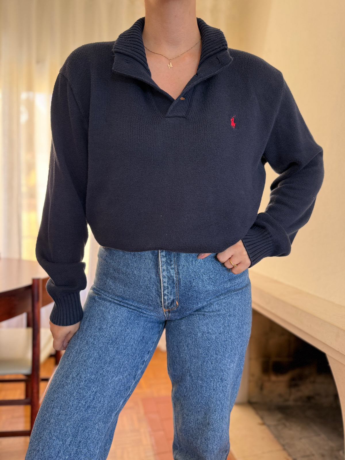 Camisola Polo Ralph Lauren Azul Marinho com Gola de Botões | Malha Vintage Preppy