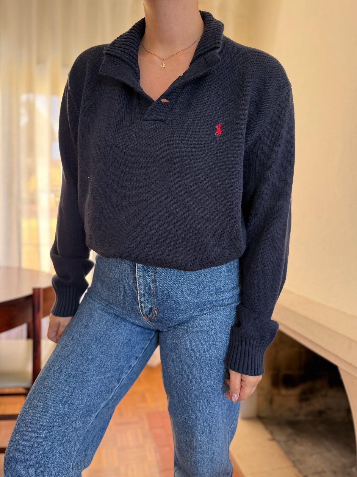 Camisola Polo Ralph Lauren Azul Marinho com Gola de Botões | Malha Vintage Preppy
