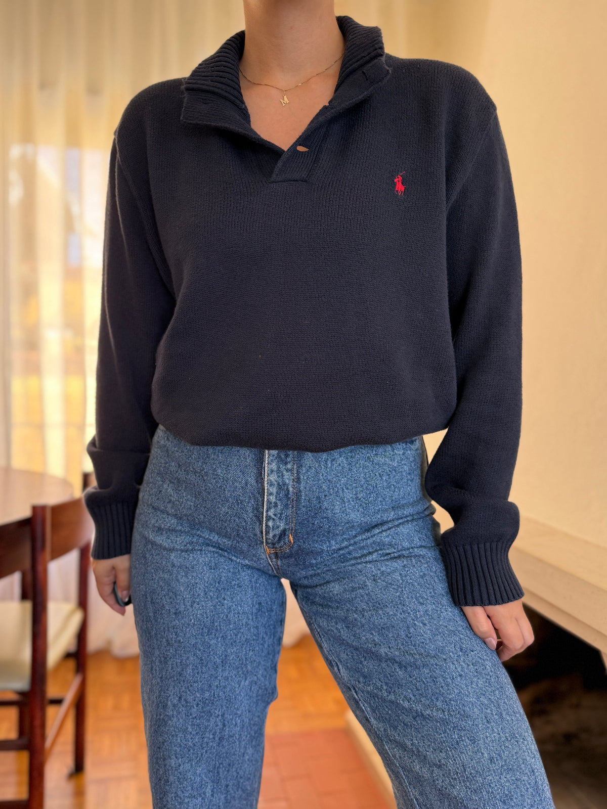 Camisola Polo Ralph Lauren Azul Marinho com Gola de Botões | Malha Vintage Preppy
