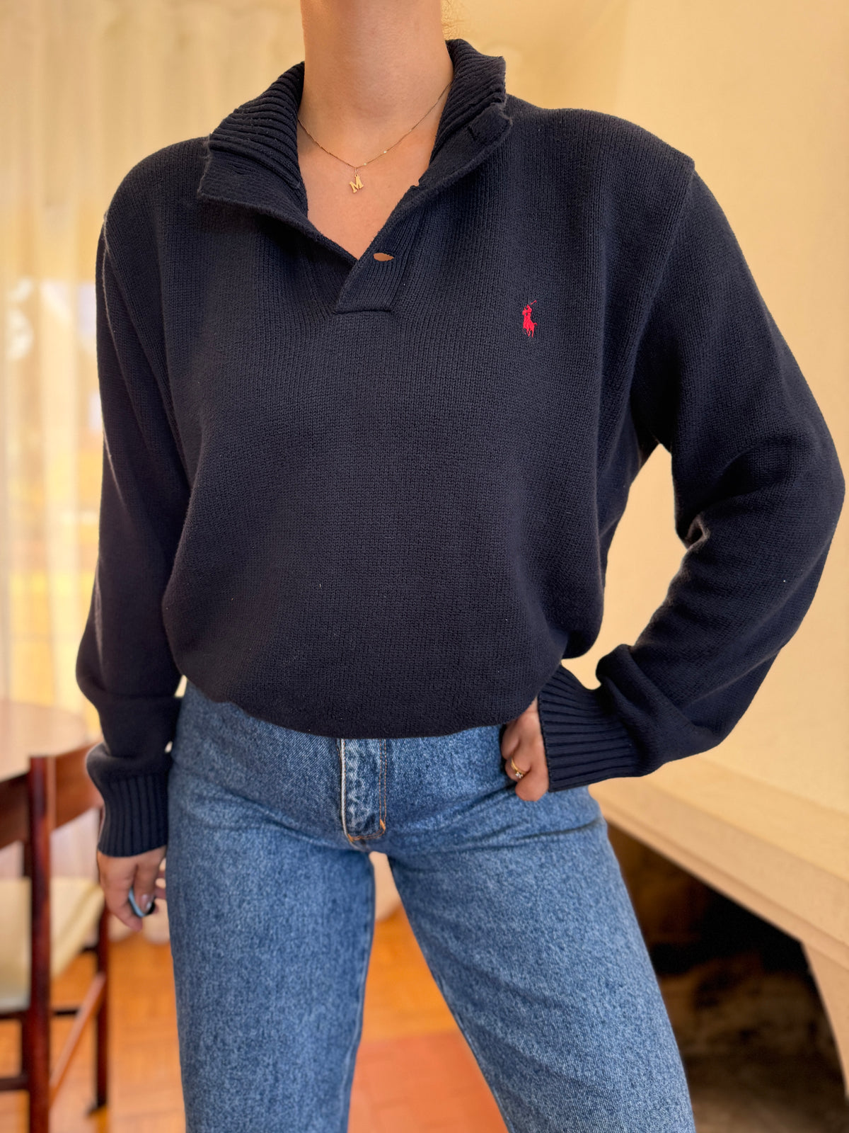 Camisola Polo Ralph Lauren Azul Marinho com Gola de Botões | Malha Vintage Preppy