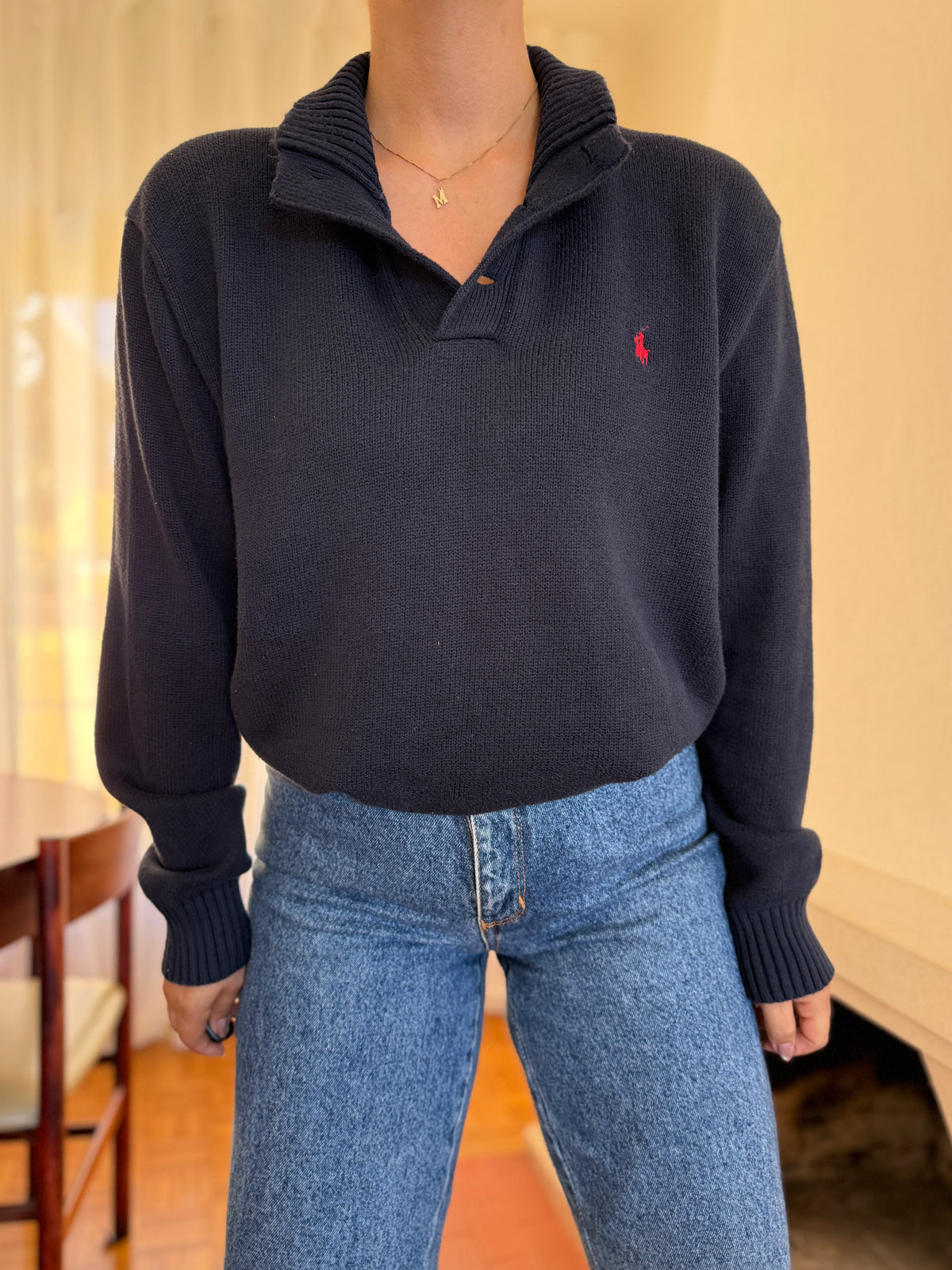 Camisola Polo Ralph Lauren Azul Marinho com Gola de Botões | Malha Vintage Preppy