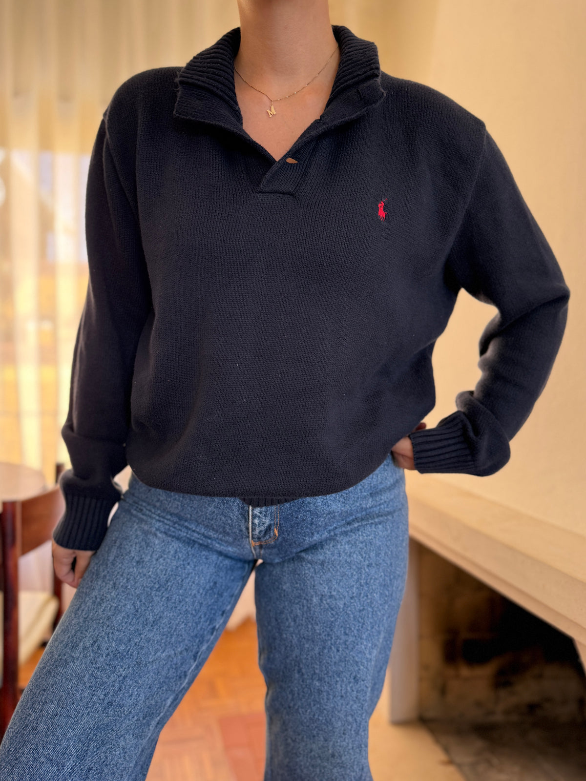 Camisola Polo Ralph Lauren Azul Marinho com Gola de Botões | Malha Vintage Preppy