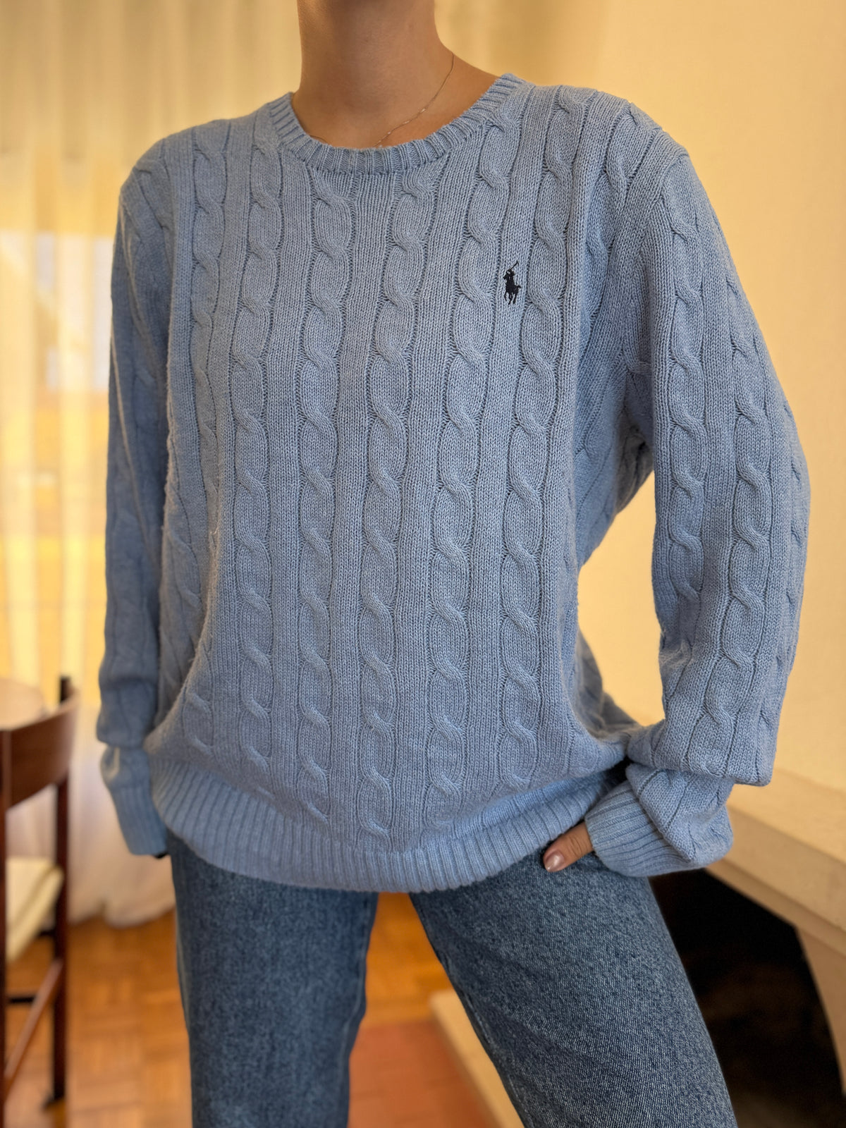 Camisola Polo Ralph Lauren Azul Claro | Cable Knit Vintage Preppy