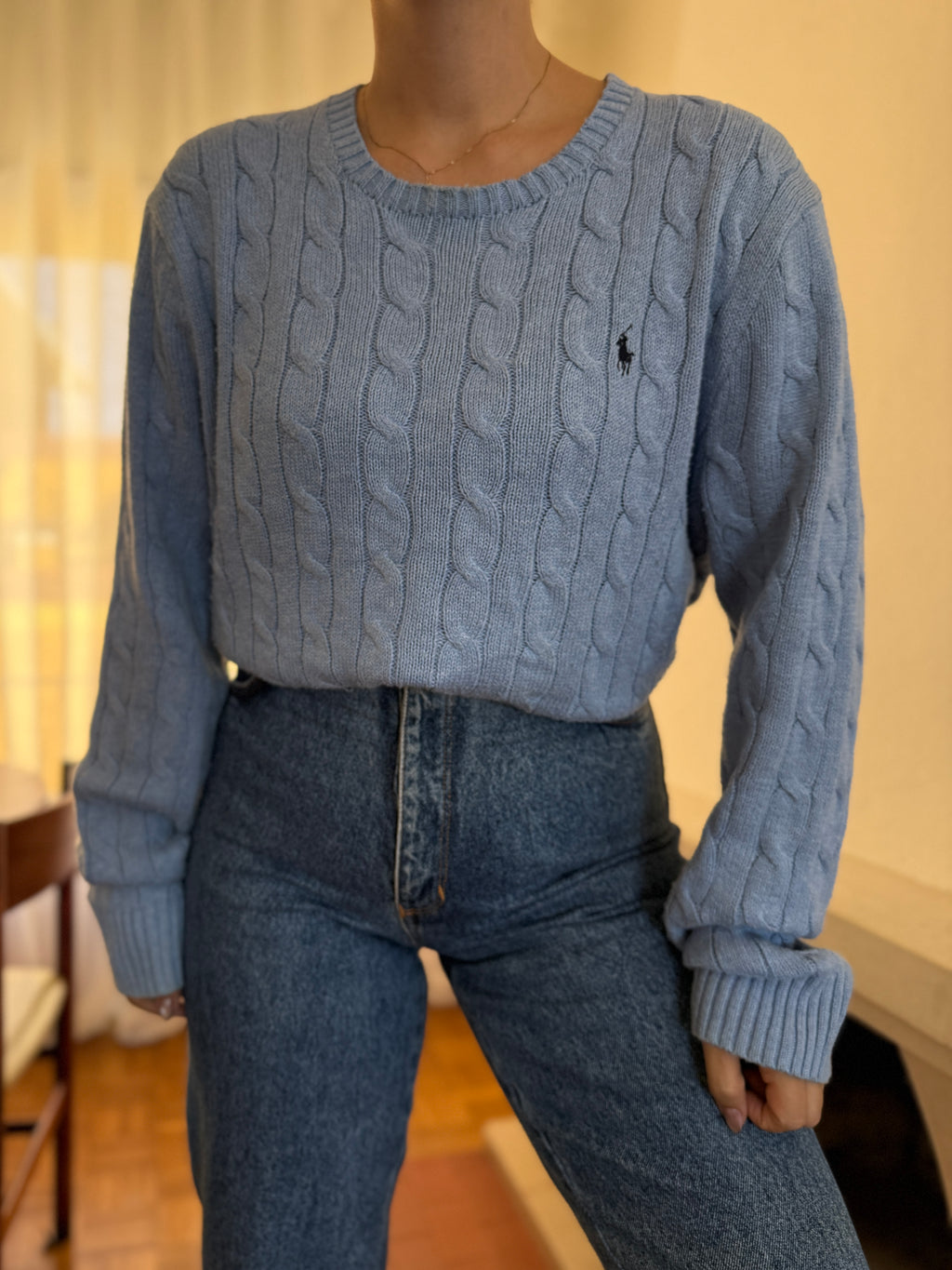 Camisola Polo Ralph Lauren Azul Claro | Cable Knit Vintage Preppy