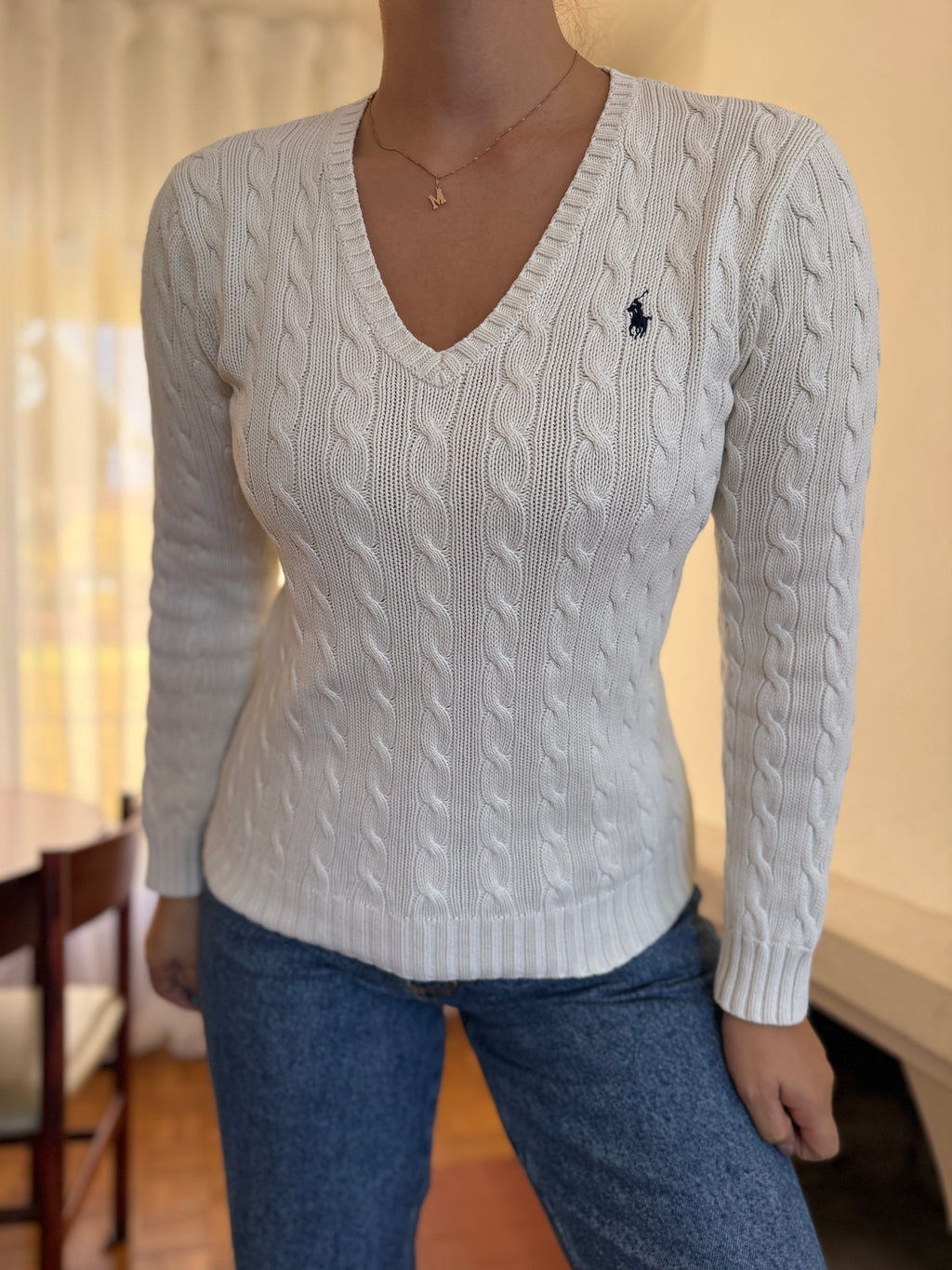 Camisola Ralph Lauren Branca Tranças Decote V | Cable Knit Vintage Preppy
