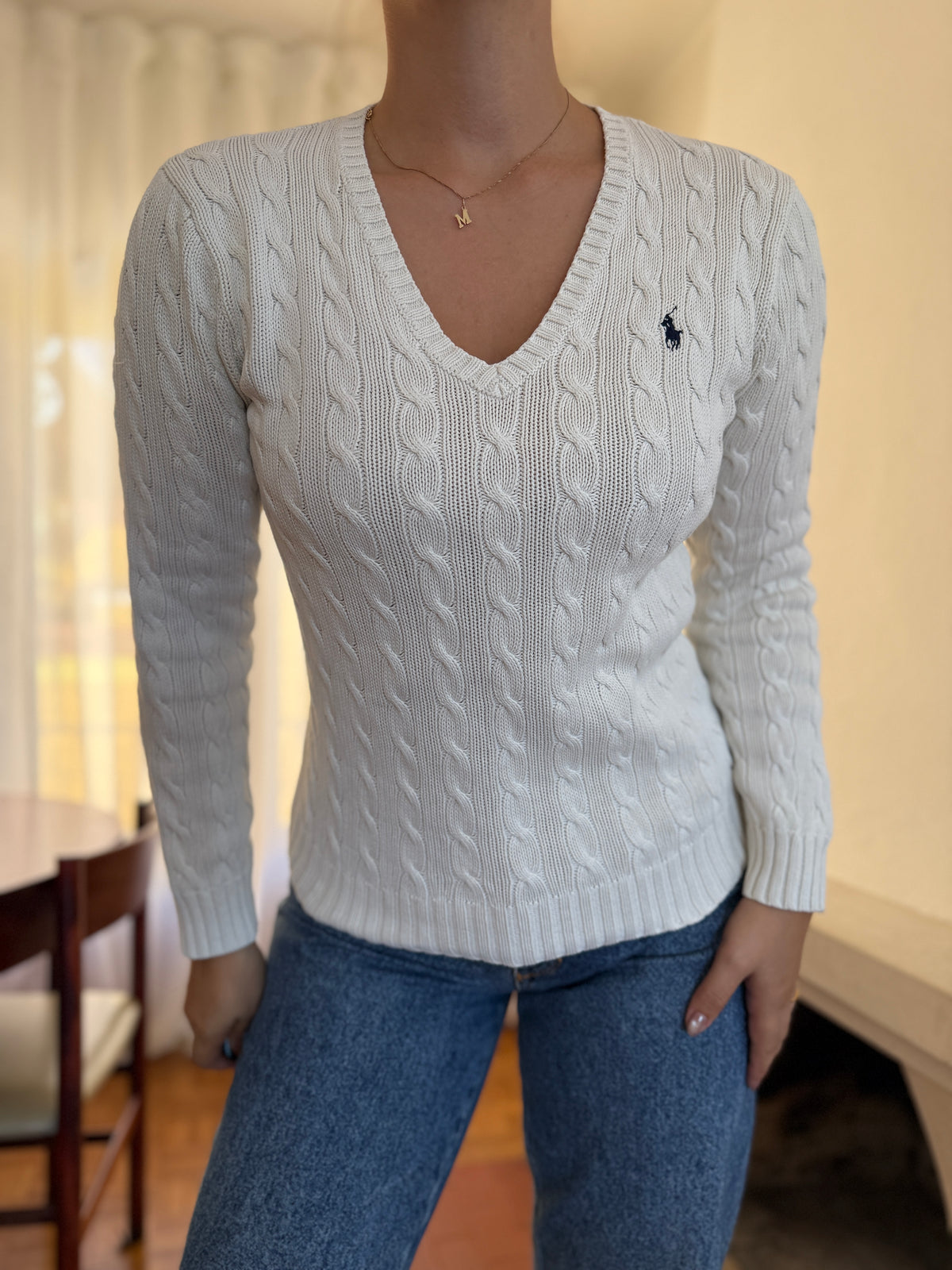 Camisola Ralph Lauren Branca Tranças Decote V | Cable Knit Vintage Preppy