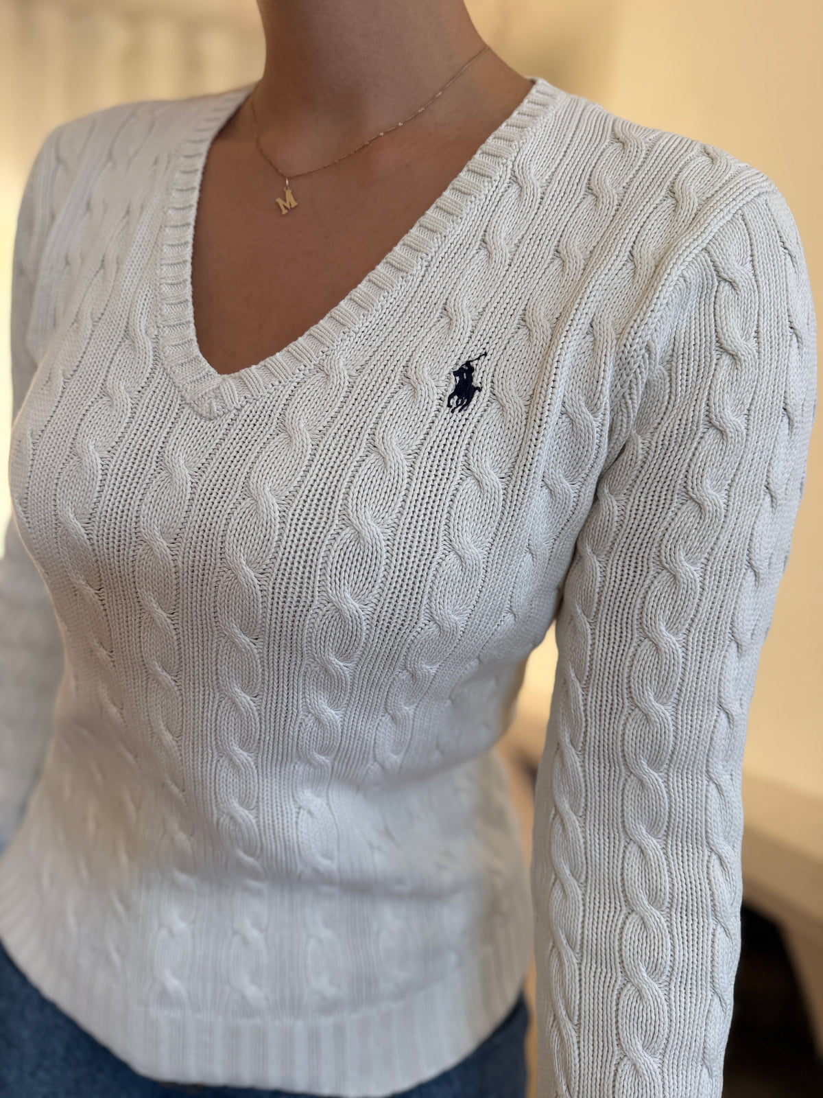 Camisola Ralph Lauren Branca Tranças Decote V | Cable Knit Vintage Preppy