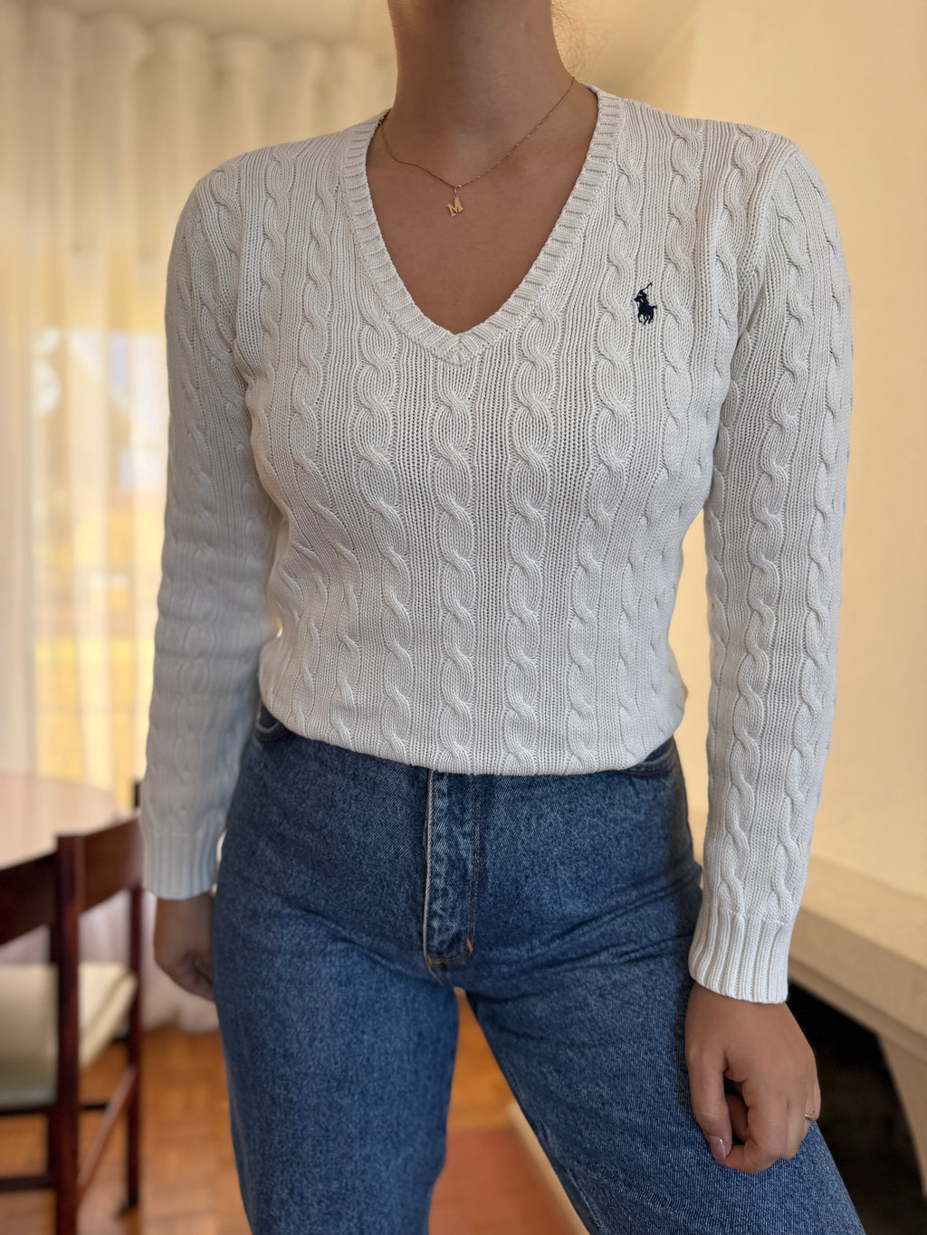Camisola Ralph Lauren Branca Tranças Decote V | Cable Knit Vintage Preppy