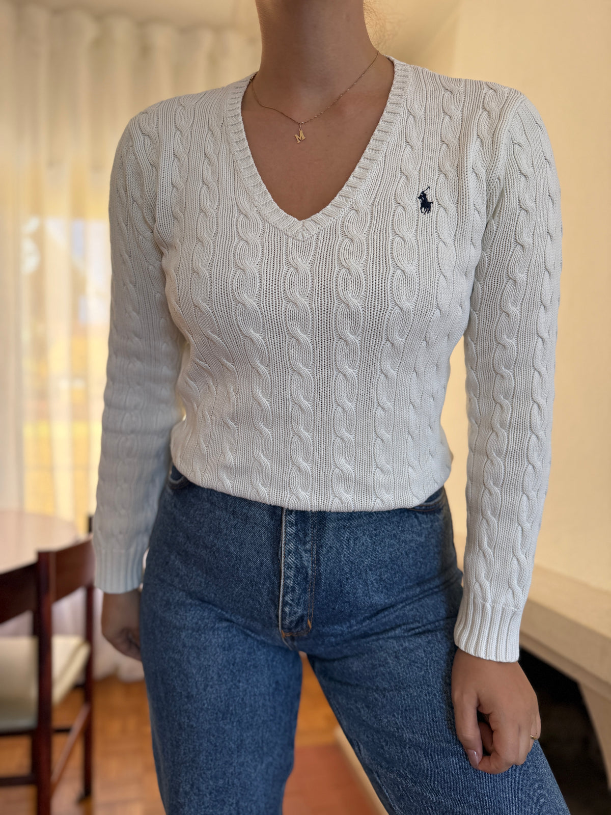 Camisola Ralph Lauren Branca Tranças Decote V | Cable Knit Vintage Preppy
