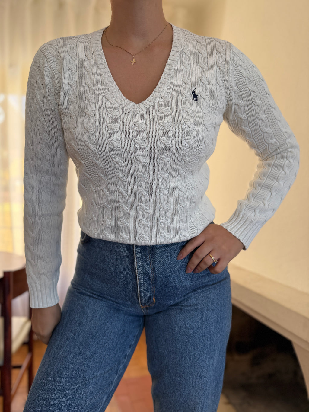 Camisola Ralph Lauren Branca Tranças Decote V | Cable Knit Vintage Preppy