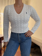 Camisola Ralph Lauren Branca Tranças Decote V | Cable Knit Vintage Preppy