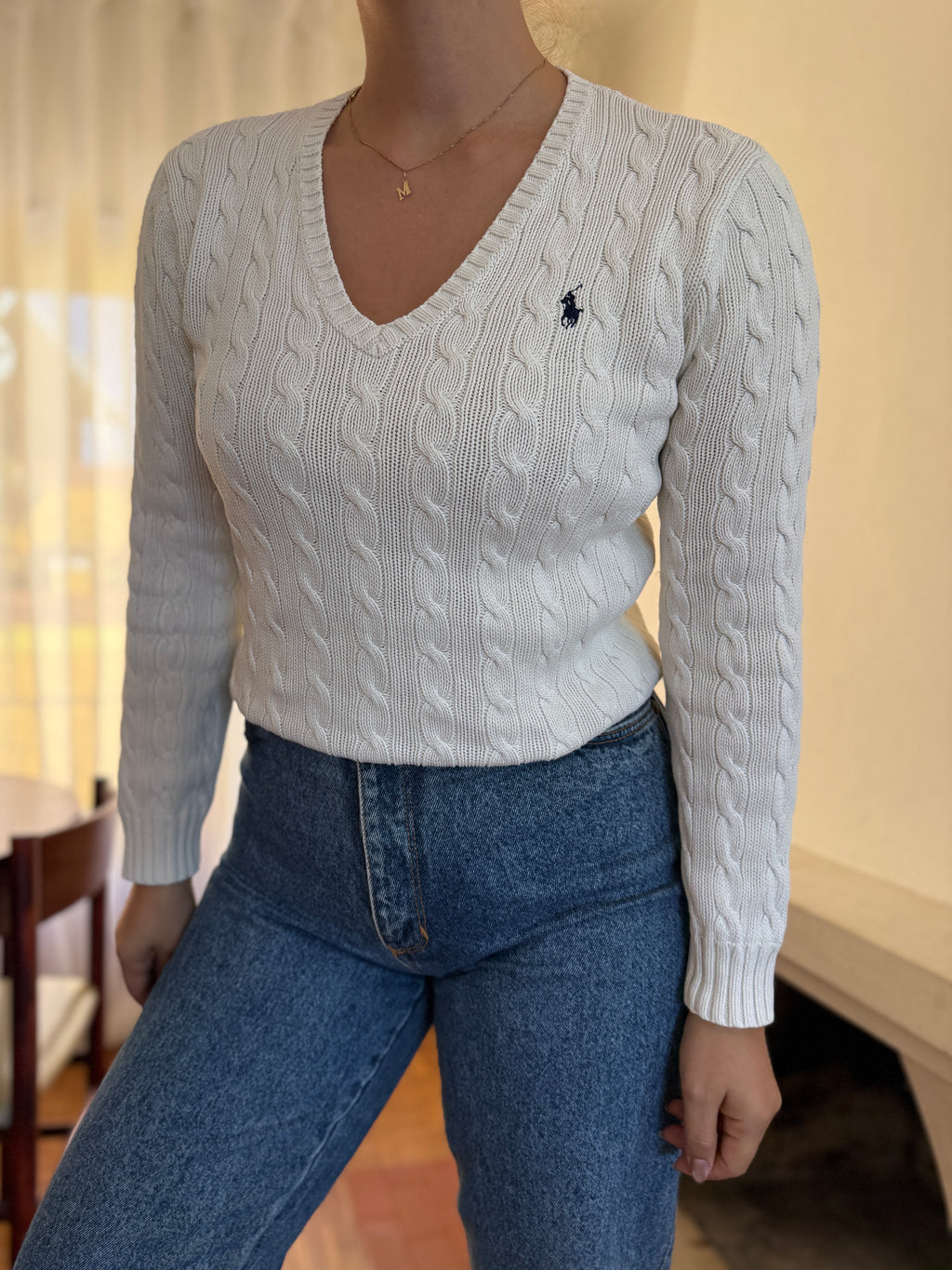Camisola Ralph Lauren Branca Tranças Decote V | Cable Knit Vintage Preppy