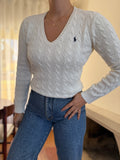 Camisola Ralph Lauren Branca Tranças Decote V | Cable Knit Vintage Preppy