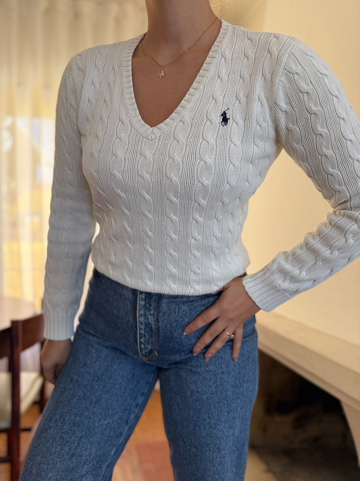 Camisola Ralph Lauren Branca Tranças Decote V | Cable Knit Vintage Preppy