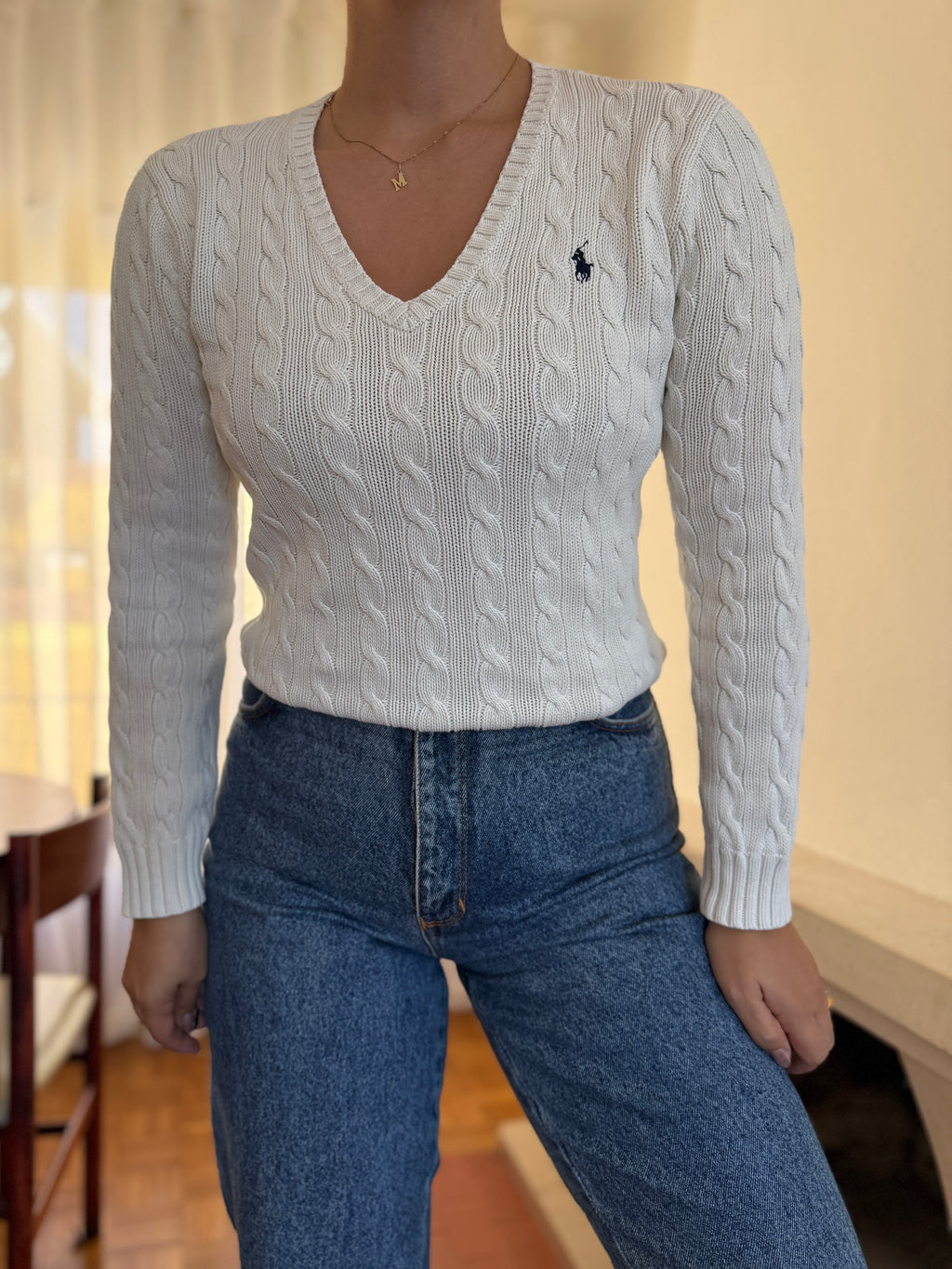 Camisola Ralph Lauren Branca Tranças Decote V | Cable Knit Vintage Preppy