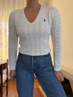 Camisola Ralph Lauren Branca Tranças Decote V | Cable Knit Vintage Preppy