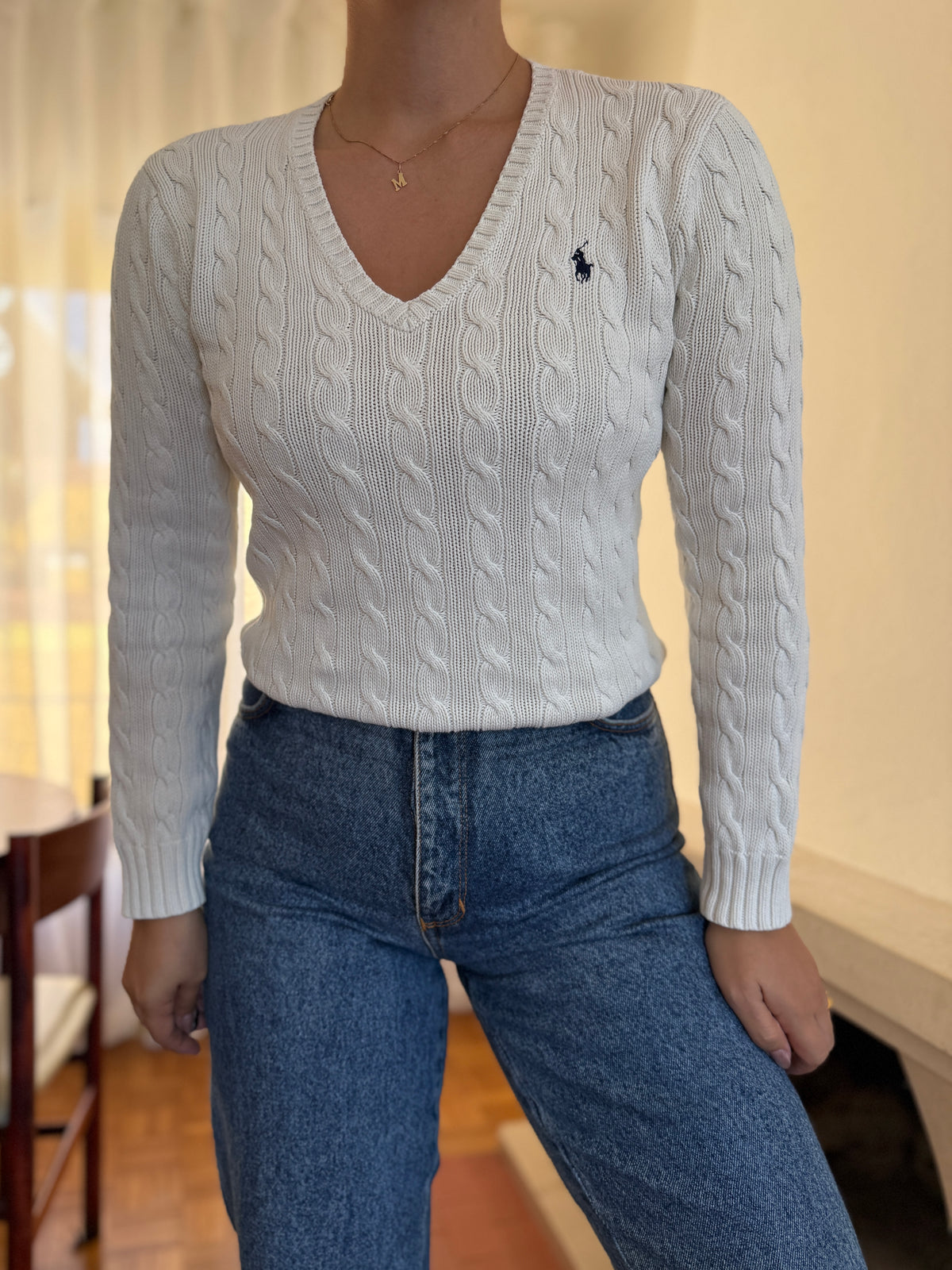 Camisola Ralph Lauren Branca Tranças Decote V | Cable Knit Vintage Preppy