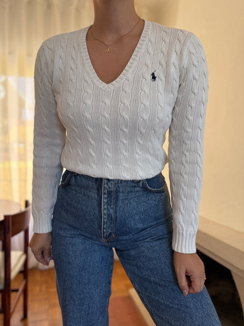 Camisola Ralph Lauren Branca Tranças Decote V | Cable Knit Vintage Preppy