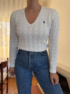 Camisola Ralph Lauren Branca Tranças Decote V | Cable Knit Vintage Preppy