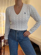 Camisola Ralph Lauren Branca Tranças Decote V | Cable Knit Vintage Preppy
