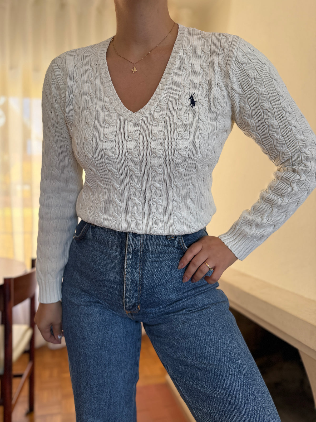 Camisola Ralph Lauren Branca Tranças Decote V | Cable Knit Vintage Preppy