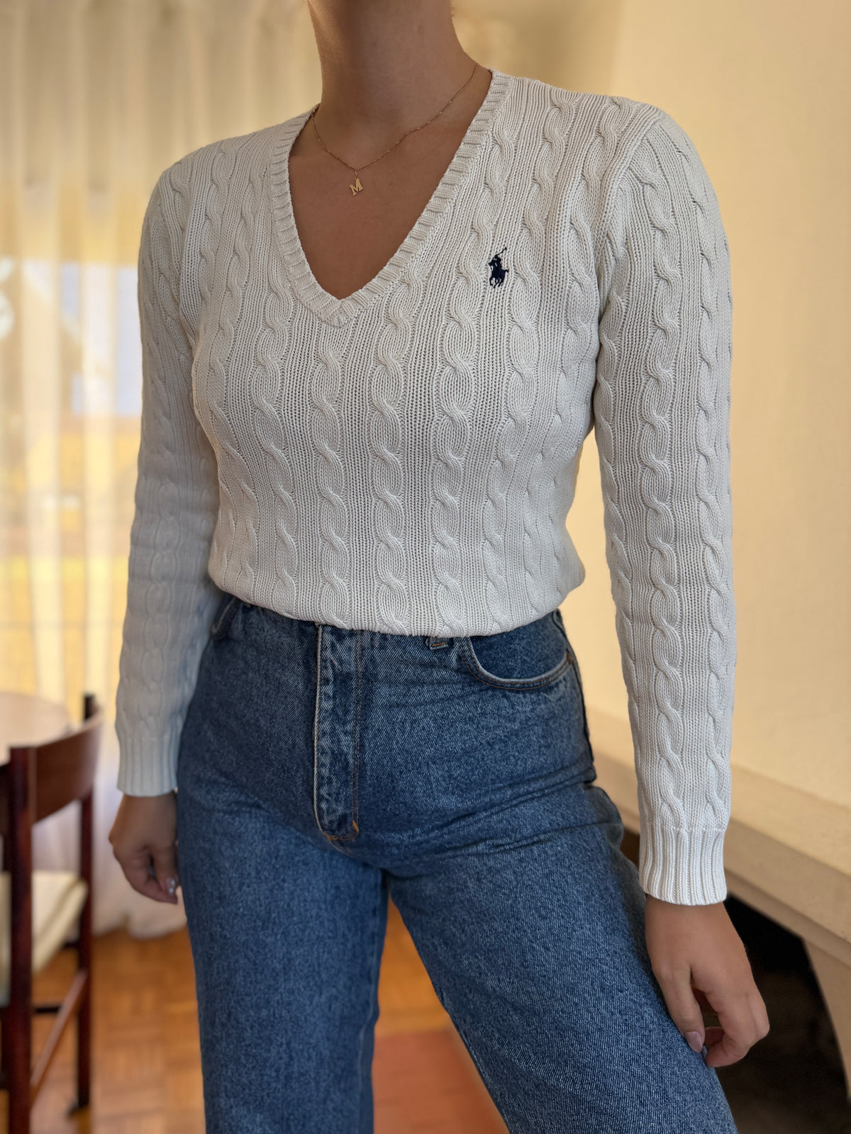 Camisola Ralph Lauren Branca Tranças Decote V | Cable Knit Vintage Preppy