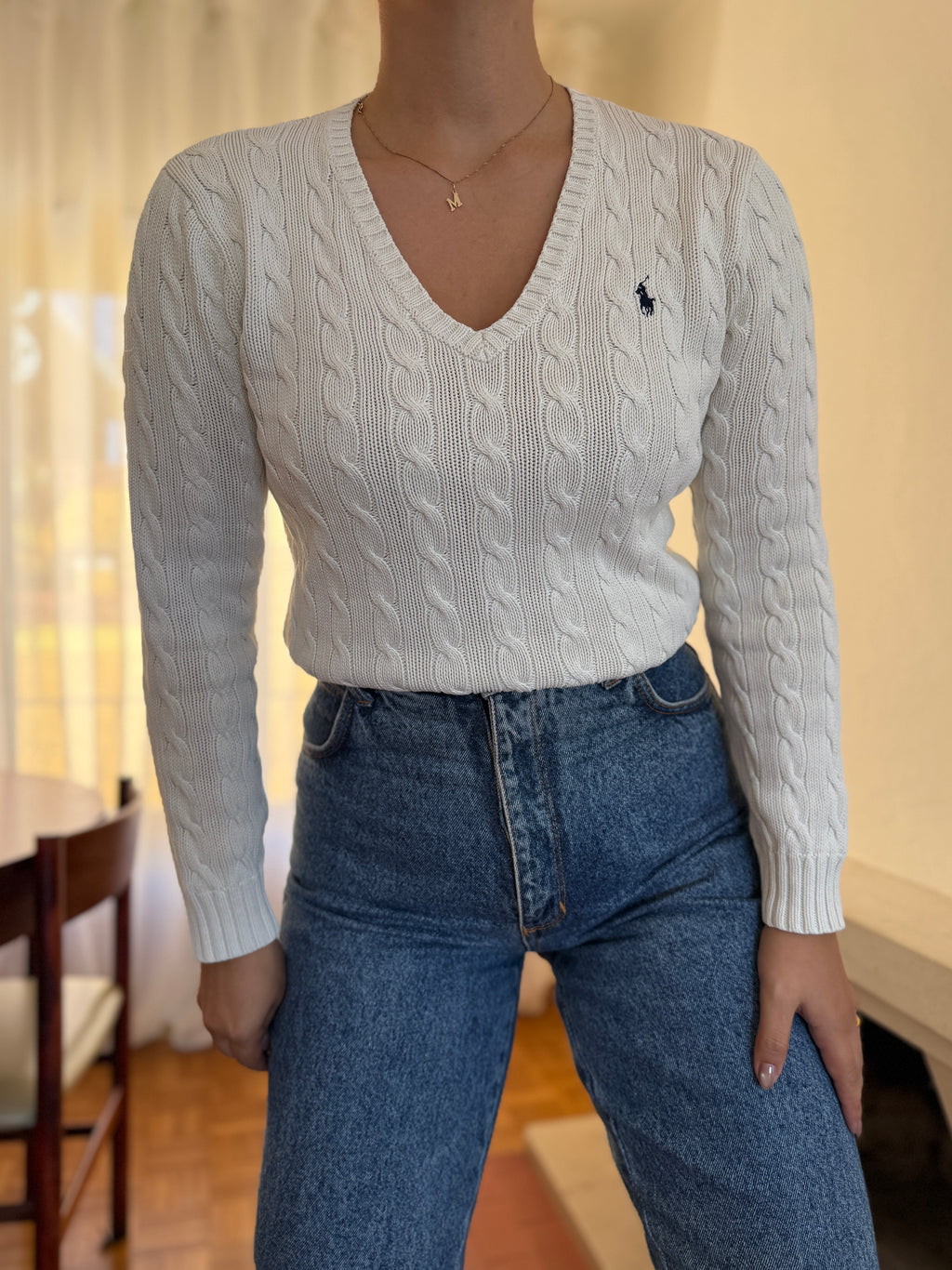 Camisola Ralph Lauren Branca Tranças Decote V | Cable Knit Vintage Preppy