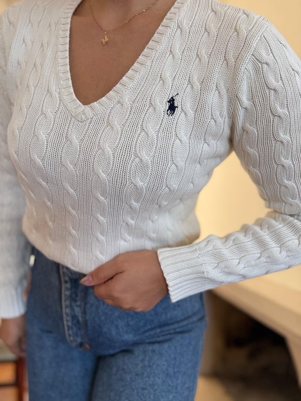 Camisola Ralph Lauren Branca Tranças Decote V | Cable Knit Vintage Preppy