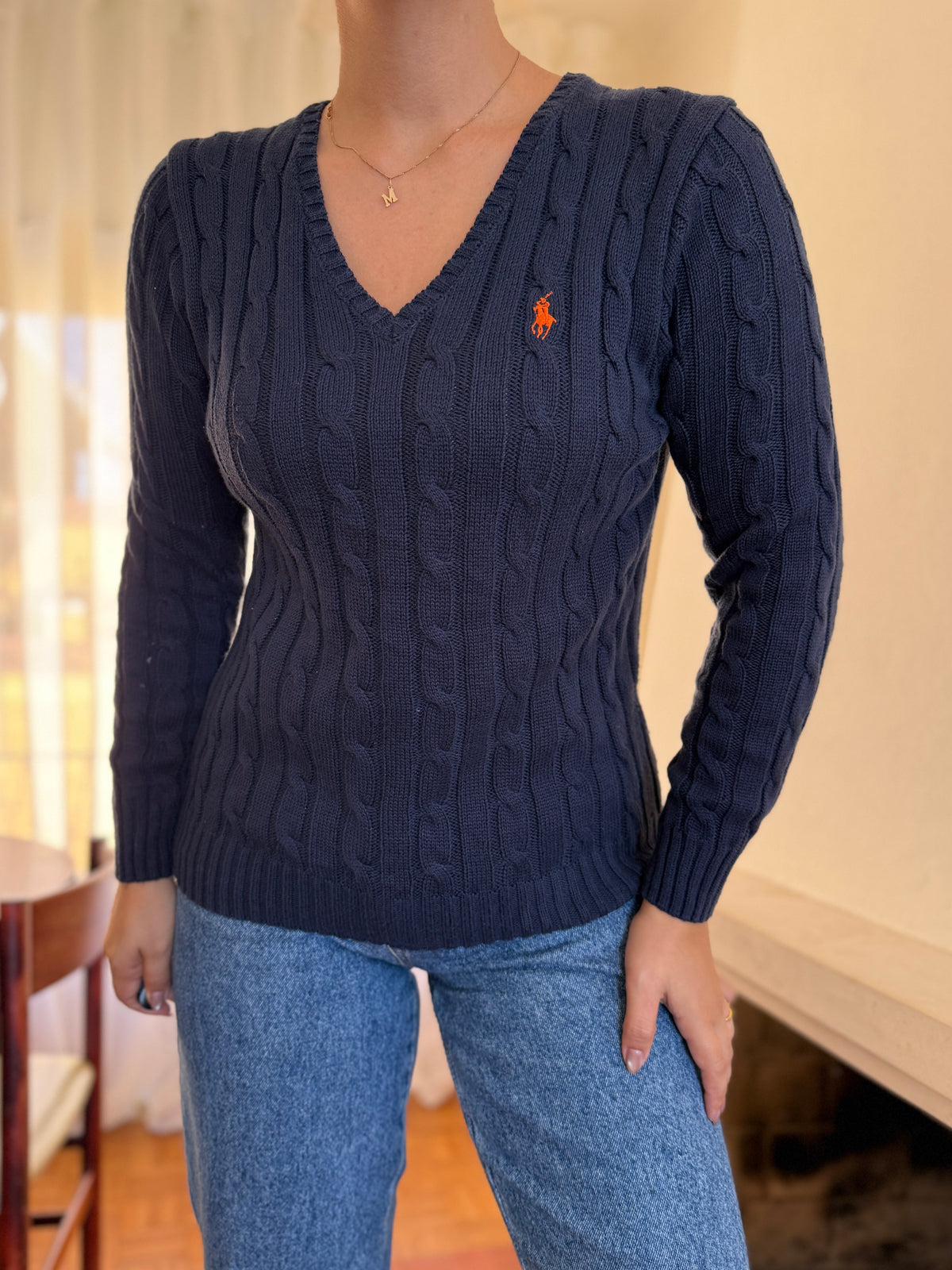 Camisola Polo Ralph Lauren Azul Marinho Tranças Logo Laranja | Decote V Vintage Preppy