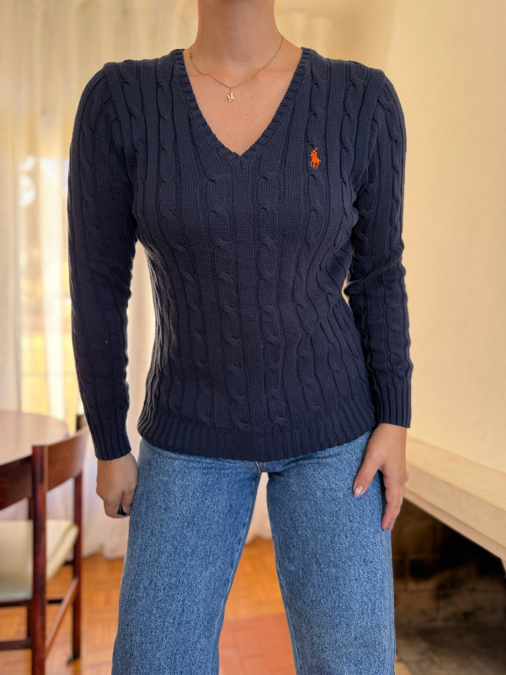 Camisola Polo Ralph Lauren Azul Marinho Tranças Logo Laranja | Decote V Vintage Preppy