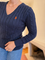 Camisola Polo Ralph Lauren Azul Marinho Tranças Logo Laranja | Decote V Vintage Preppy