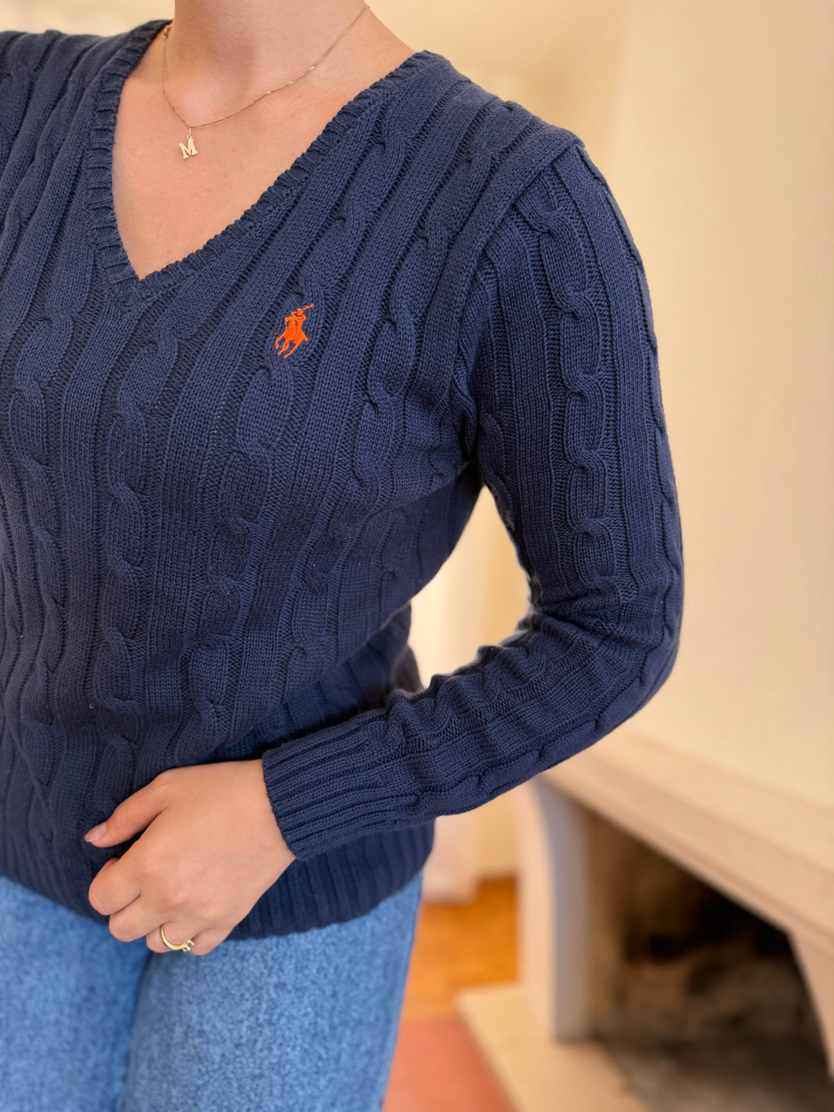 Camisola Polo Ralph Lauren Azul Marinho Tranças Logo Laranja | Decote V Vintage Preppy