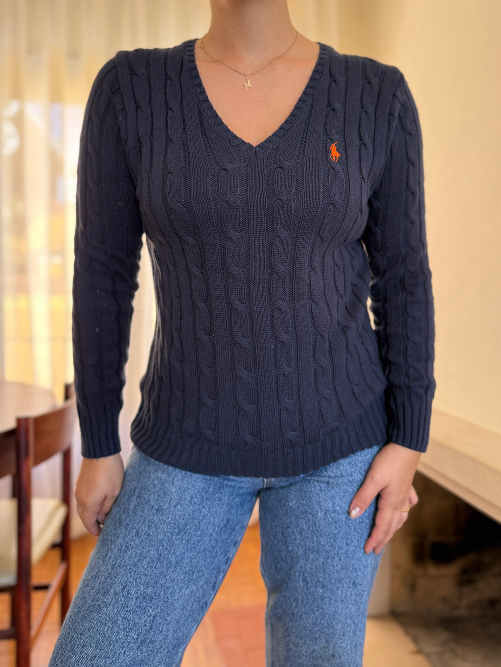 Camisola Polo Ralph Lauren Azul Marinho Tranças Logo Laranja | Decote V Vintage Preppy