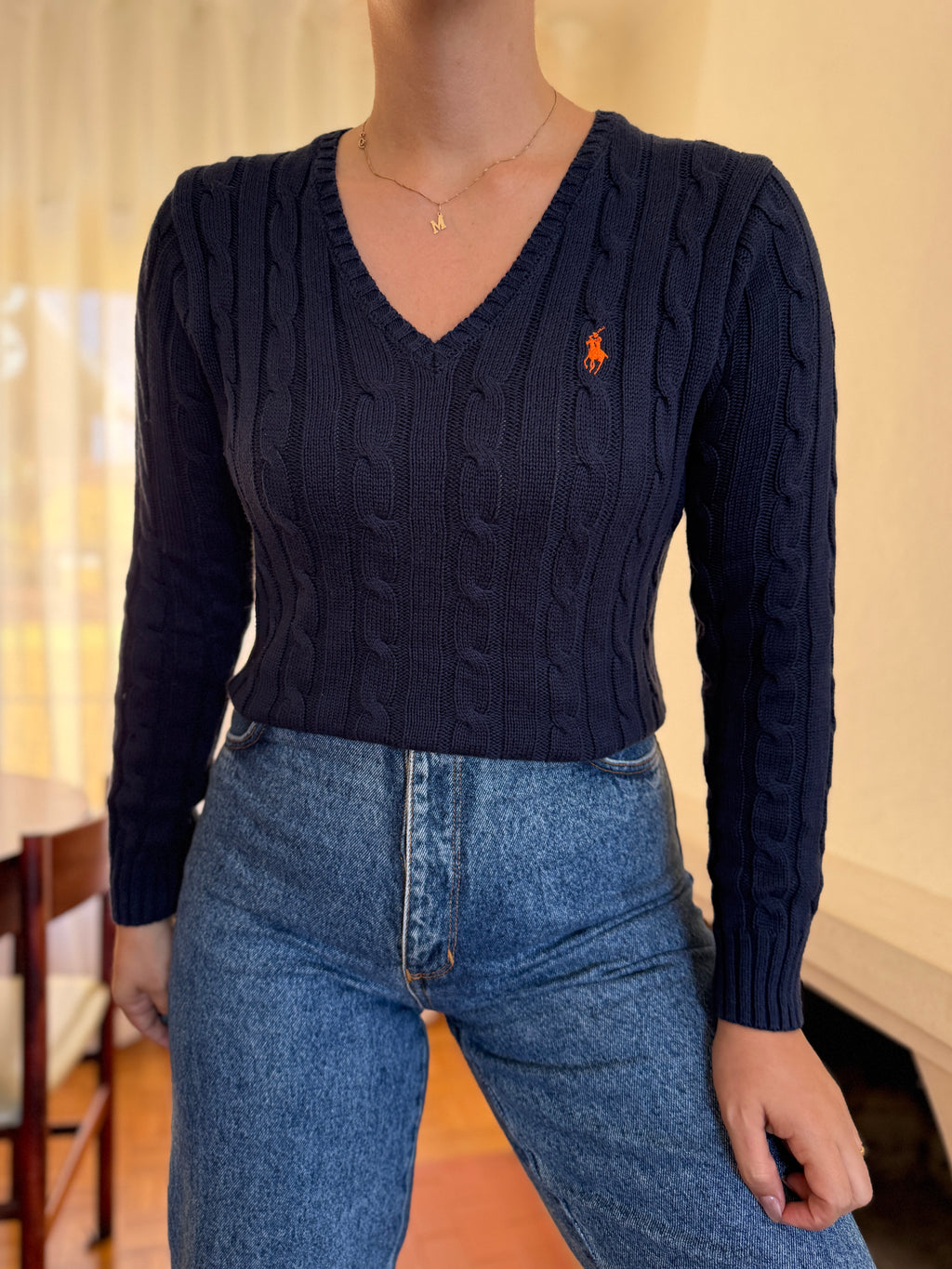Camisola Polo Ralph Lauren Azul Marinho Tranças Logo Laranja | Decote V Vintage Preppy