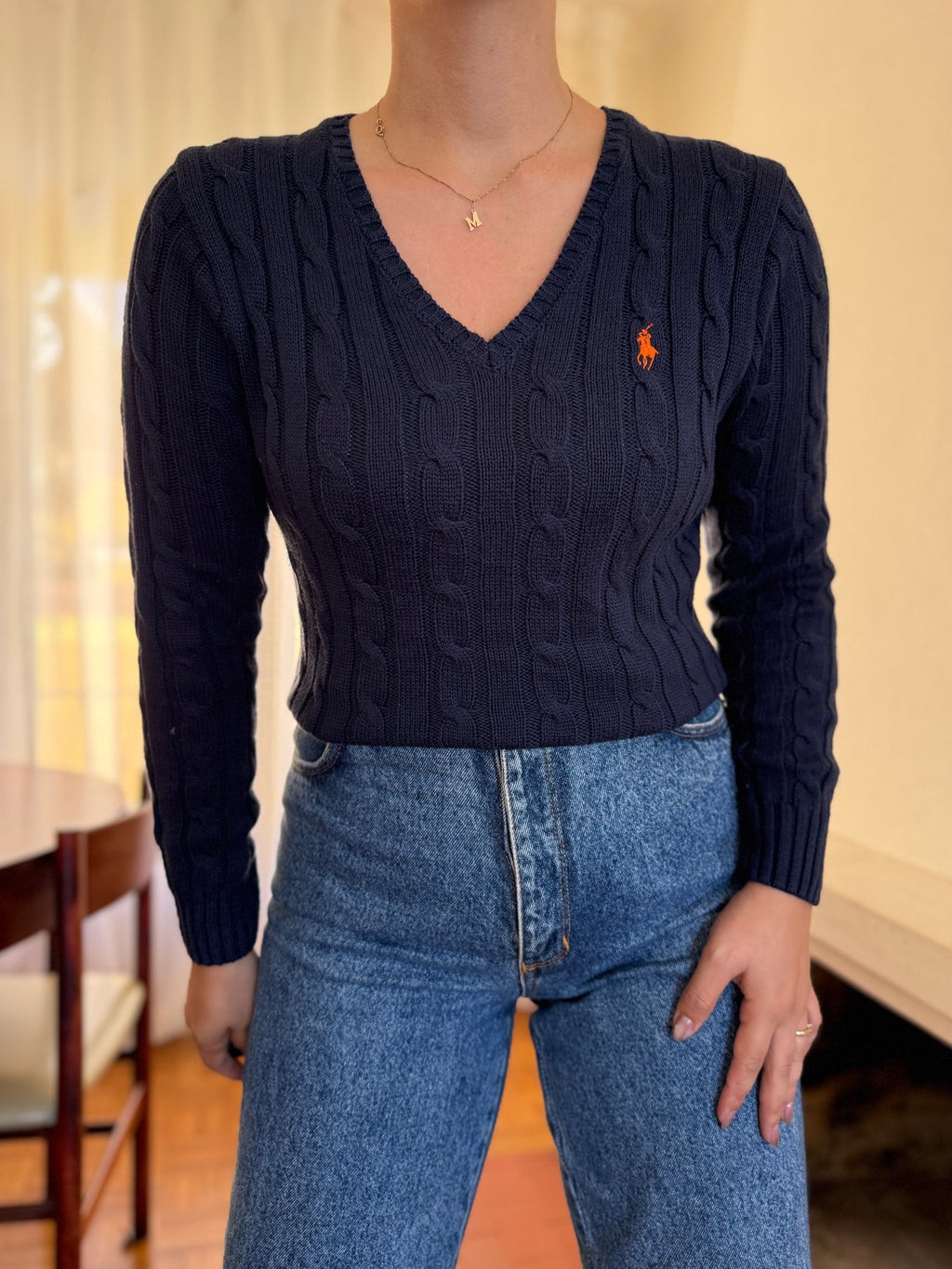 Camisola Polo Ralph Lauren Azul Marinho Tranças Logo Laranja | Decote V Vintage Preppy