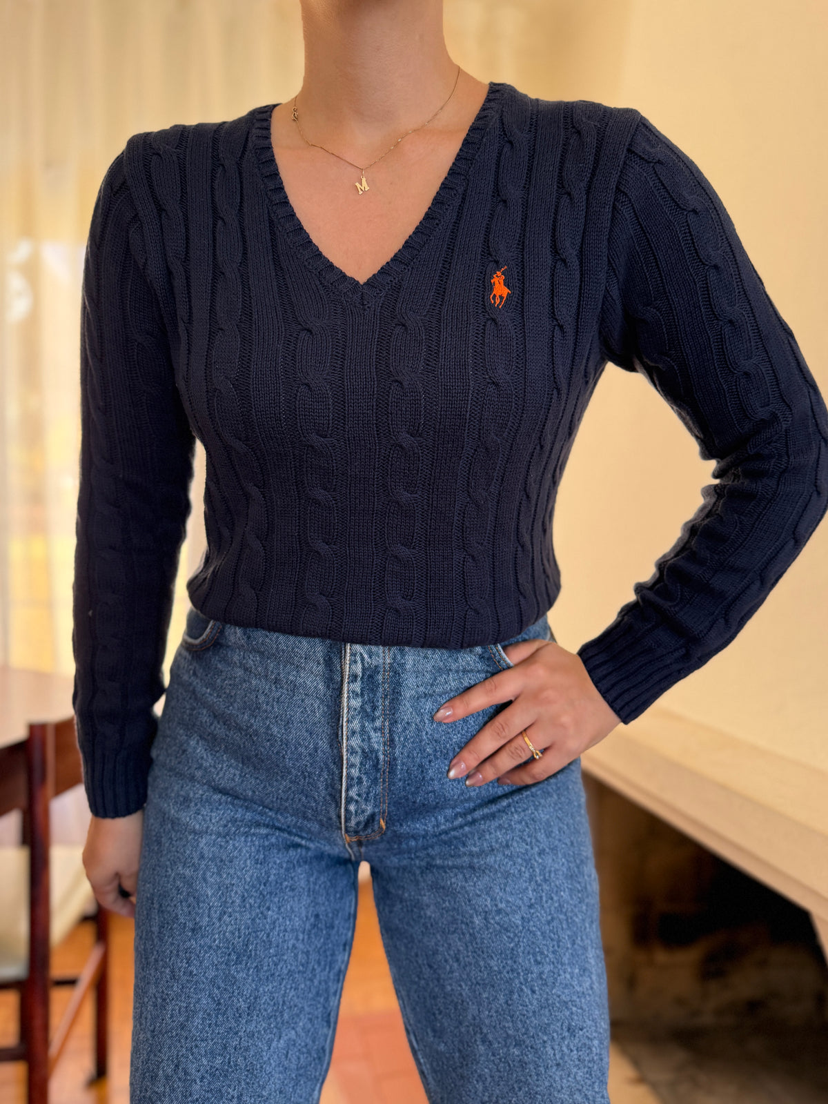 Camisola Polo Ralph Lauren Azul Marinho Tranças Logo Laranja | Decote V Vintage Preppy