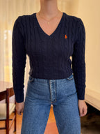 Camisola Polo Ralph Lauren Azul Marinho Tranças Logo Laranja | Decote V Vintage Preppy