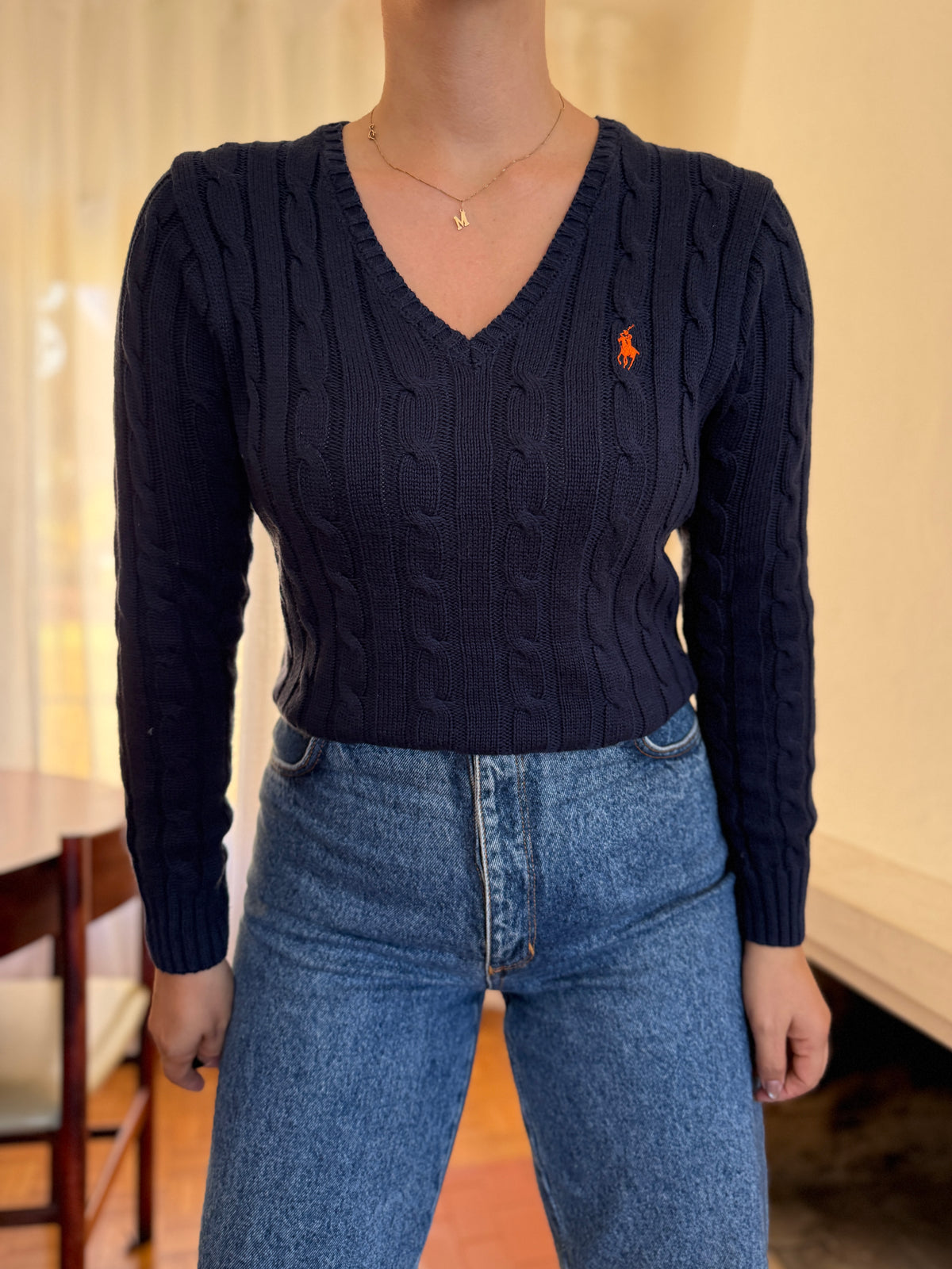 Camisola Polo Ralph Lauren Azul Marinho Tranças Logo Laranja | Decote V Vintage Preppy