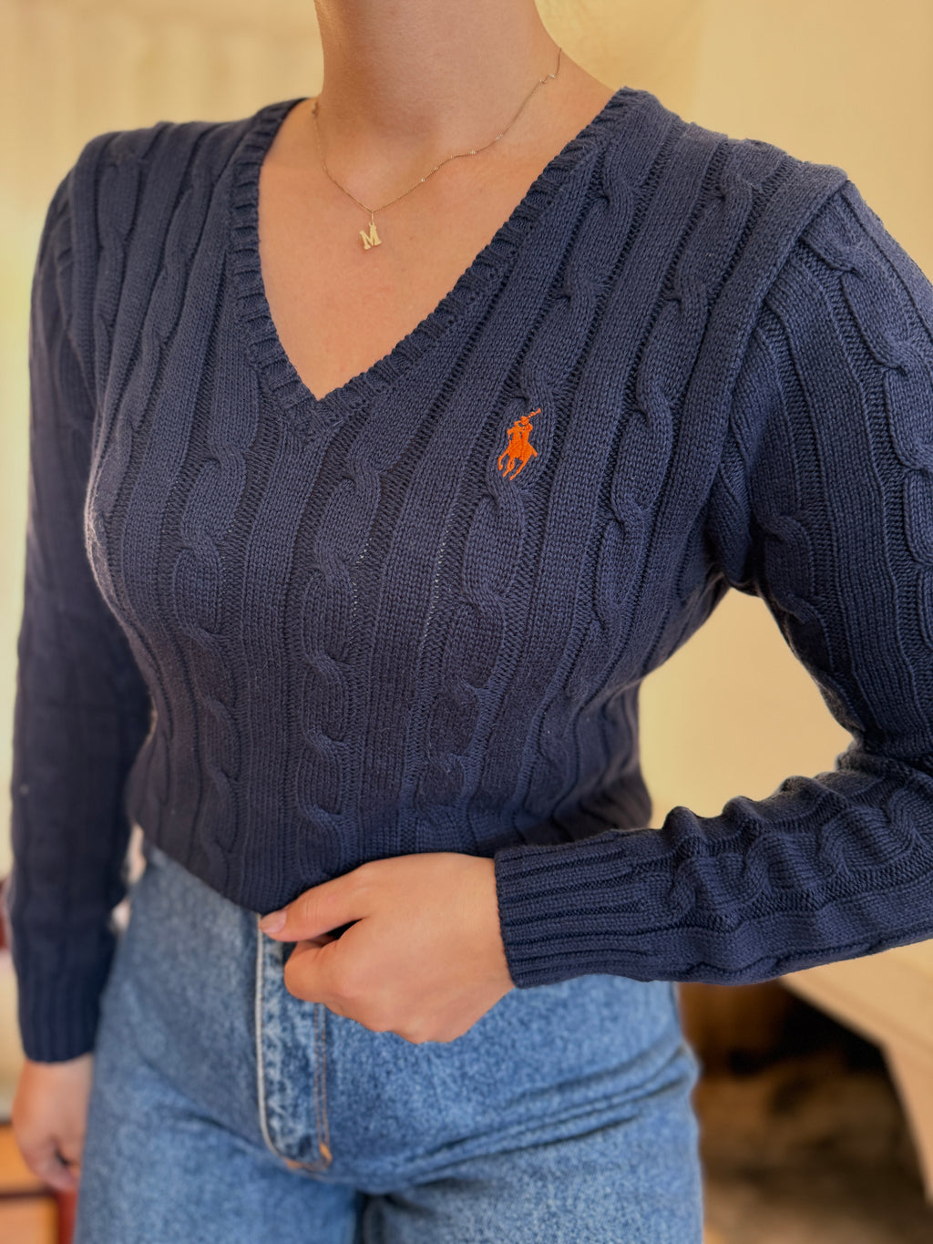 Camisola Polo Ralph Lauren Azul Marinho Tranças Logo Laranja | Decote V Vintage Preppy