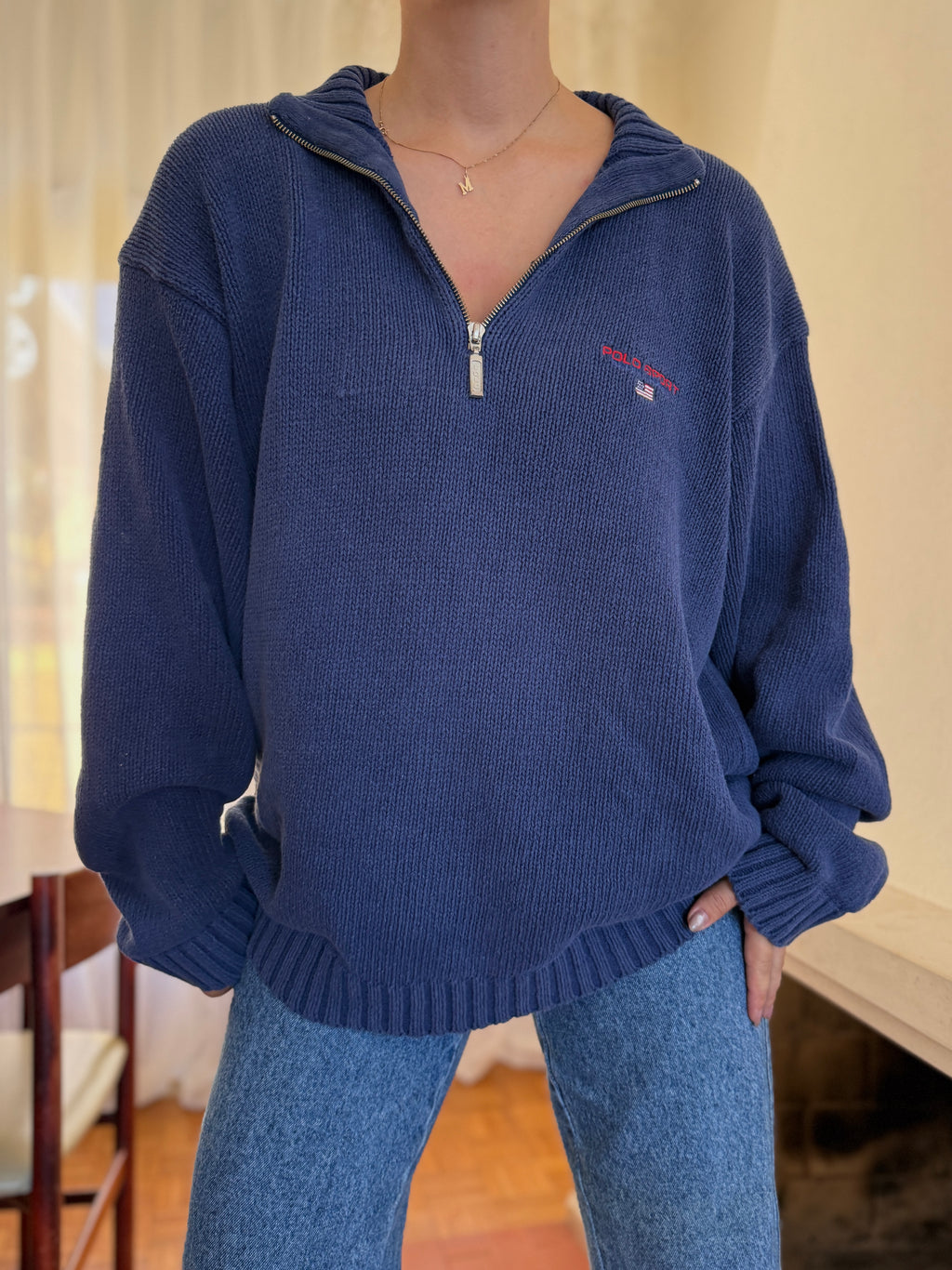 Camisola Polo Ralph Lauren Half Zip Azul Marinho | Bandeira USA Vintage 90s