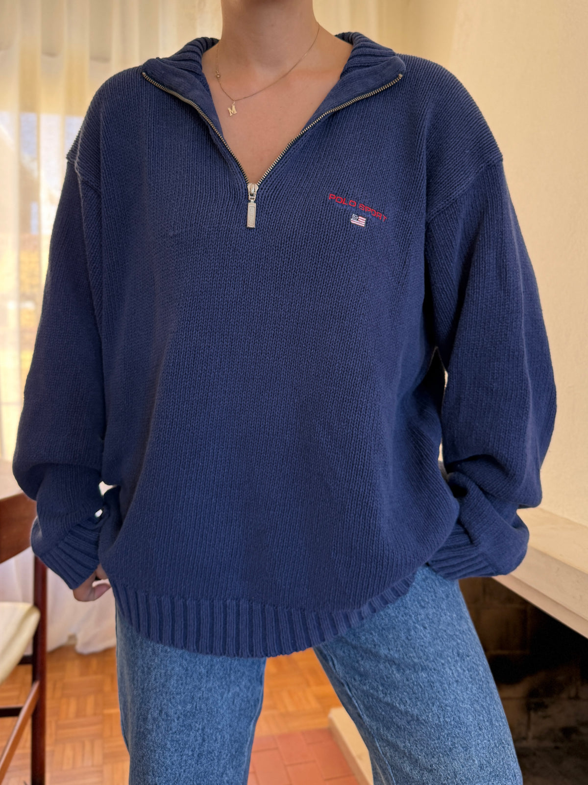 Camisola Polo Ralph Lauren Half Zip Azul Marinho | Bandeira USA Vintage 90s