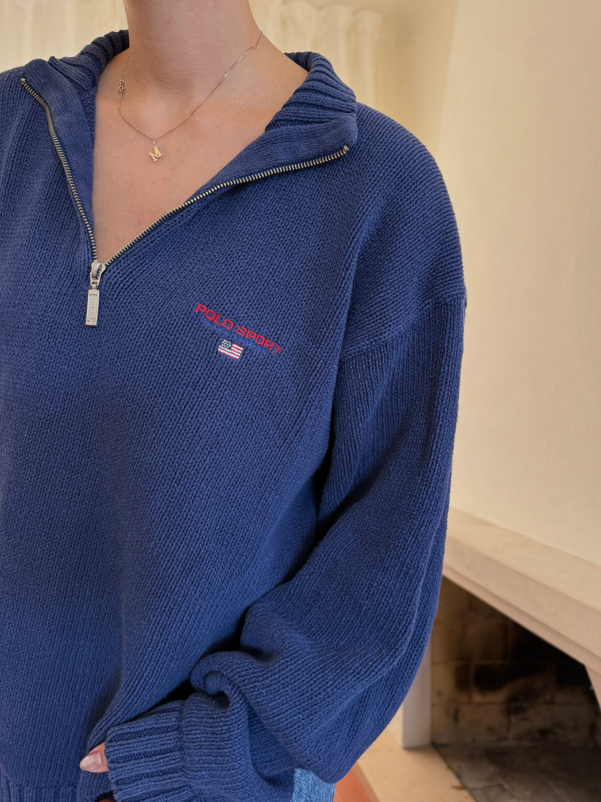 Camisola Polo Ralph Lauren Half Zip Azul Marinho | Bandeira USA Vintage 90s