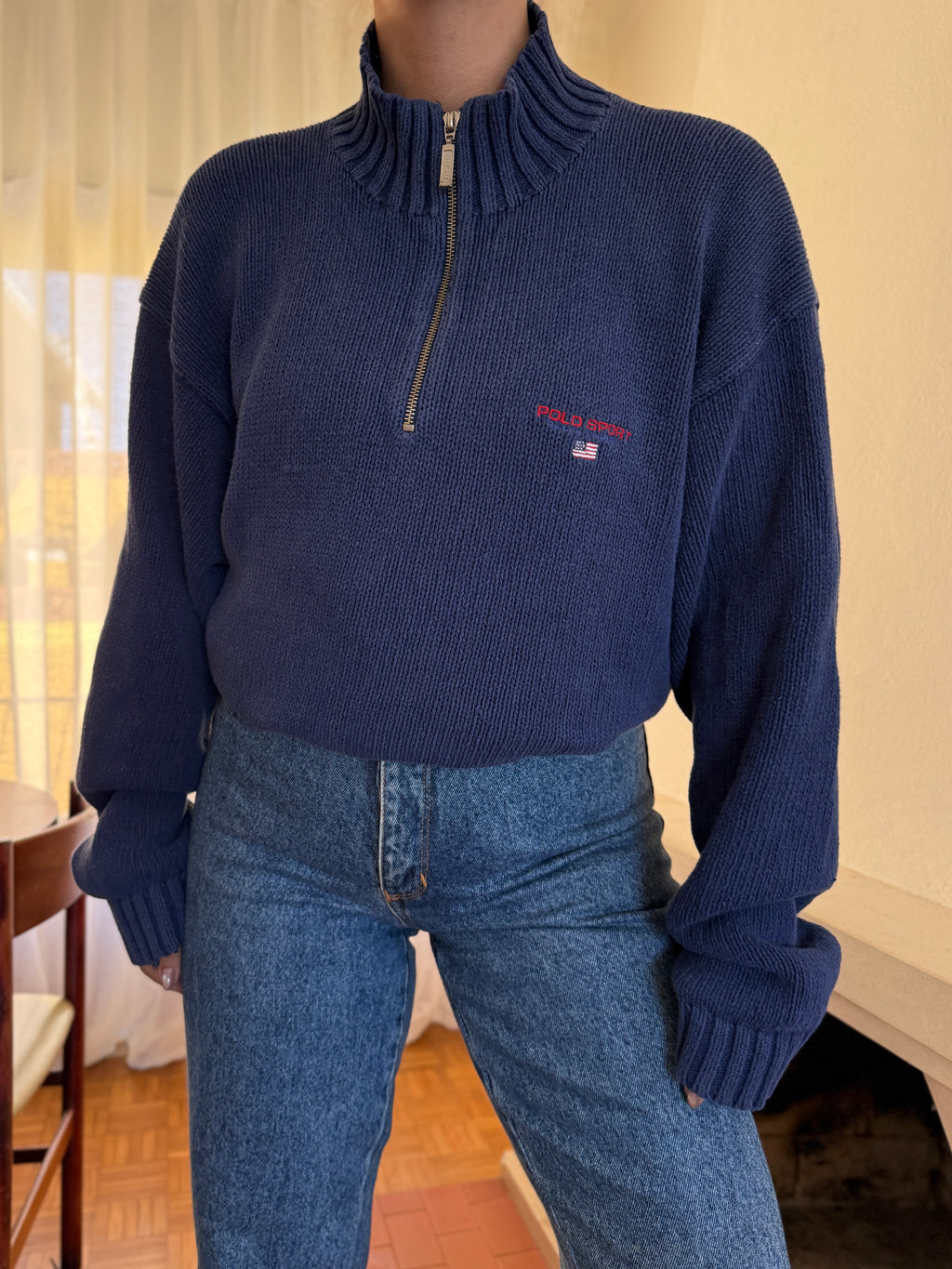 Camisola Polo Ralph Lauren Half Zip Azul Marinho | Bandeira USA Vintage 90s