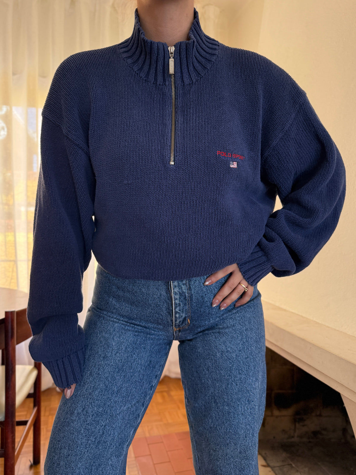 Camisola Polo Ralph Lauren Half Zip Azul Marinho | Bandeira USA Vintage 90s